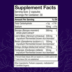 Host Defense MycoBotanicals Brain capsules label highlighting Lion's Mane and Reishi