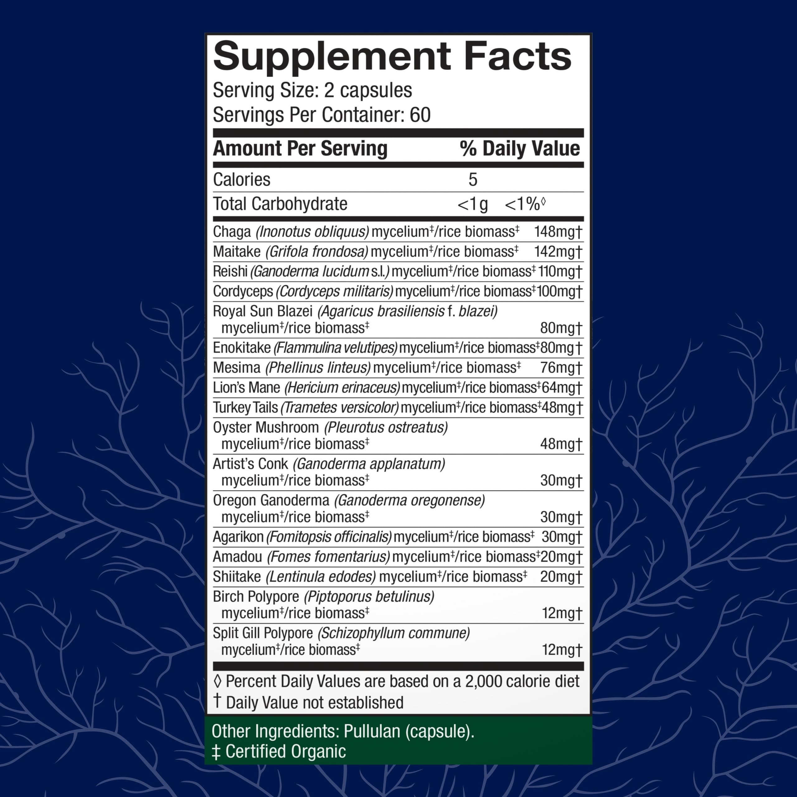 Host Defense MyCommunity capsules back label with dosage guidance.