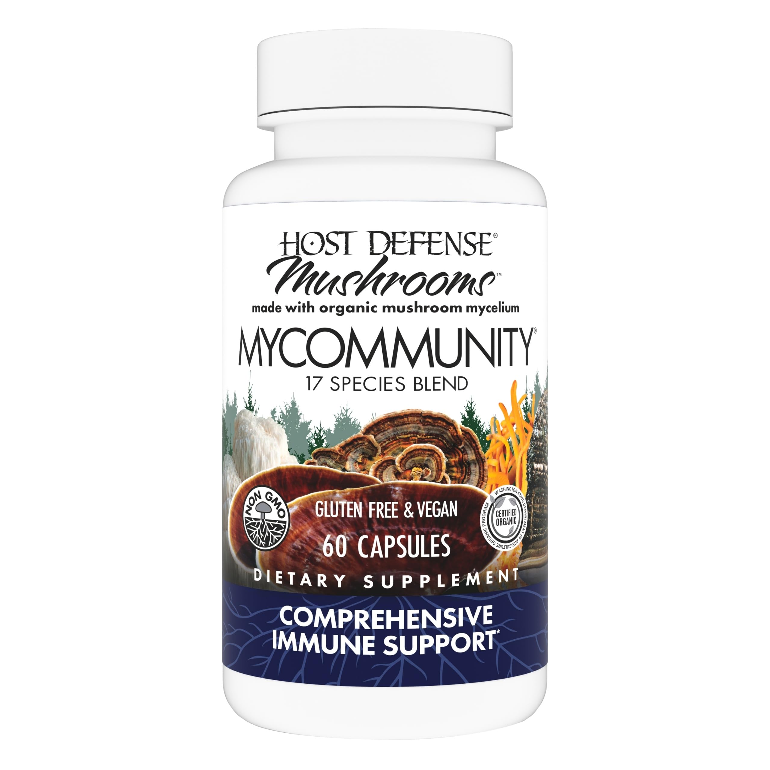 Host Defense MyCommunity capsules bottle showing daily immune support with a 17 species mushroom blend