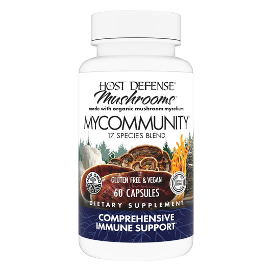 Host Defense MyCommunity capsules bottle showing daily immune support with a 17 species mushroom blend