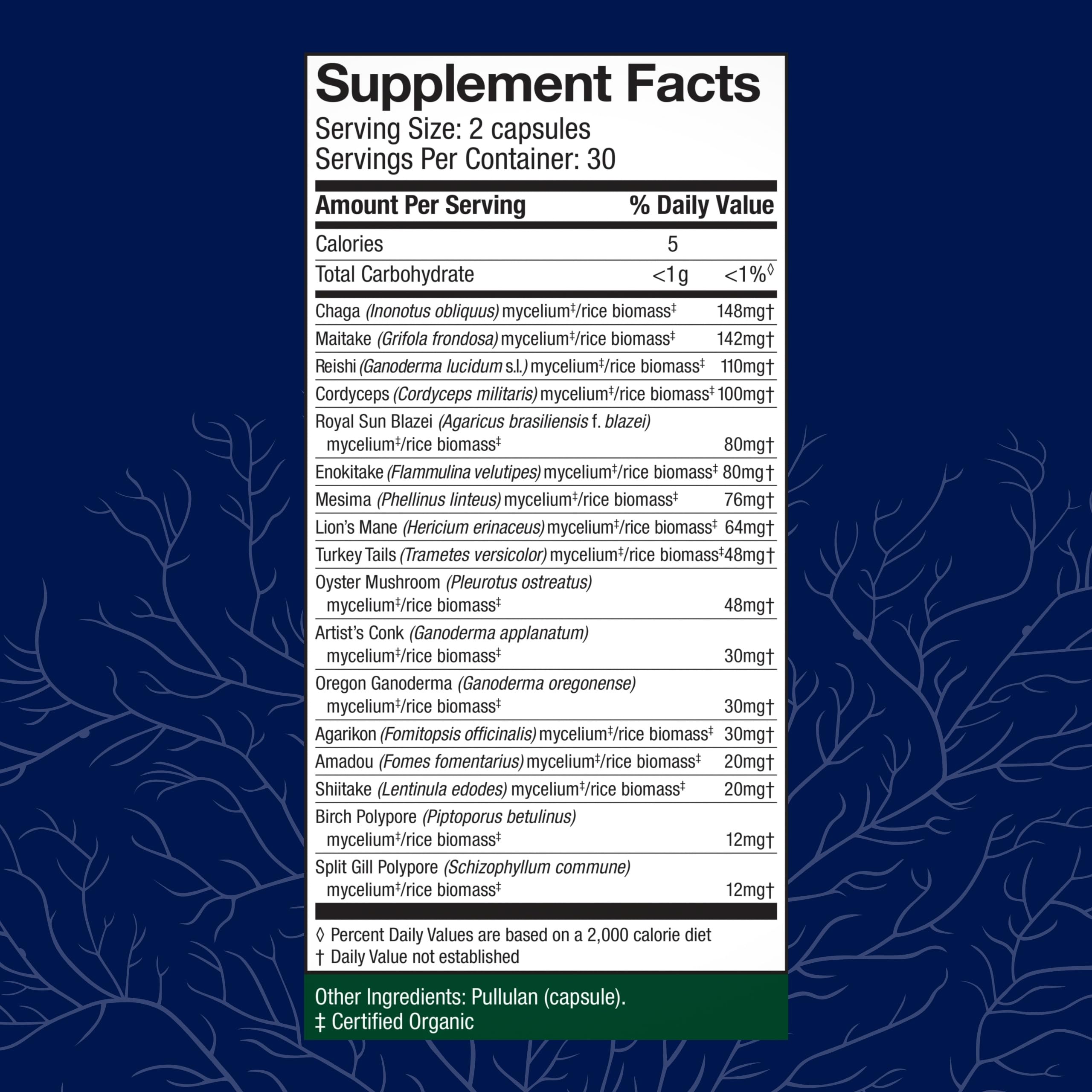 Host Defense MyCommunity label on bottle displaying organic mushroom ingredients
