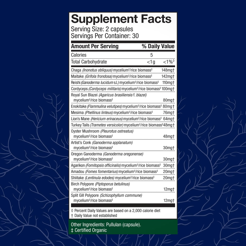 Host Defense MyCommunity label on bottle displaying organic mushroom ingredients