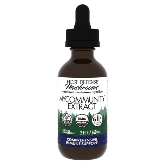 Host Defense MyCommunity Extract bottle with 17-species blend for immune support