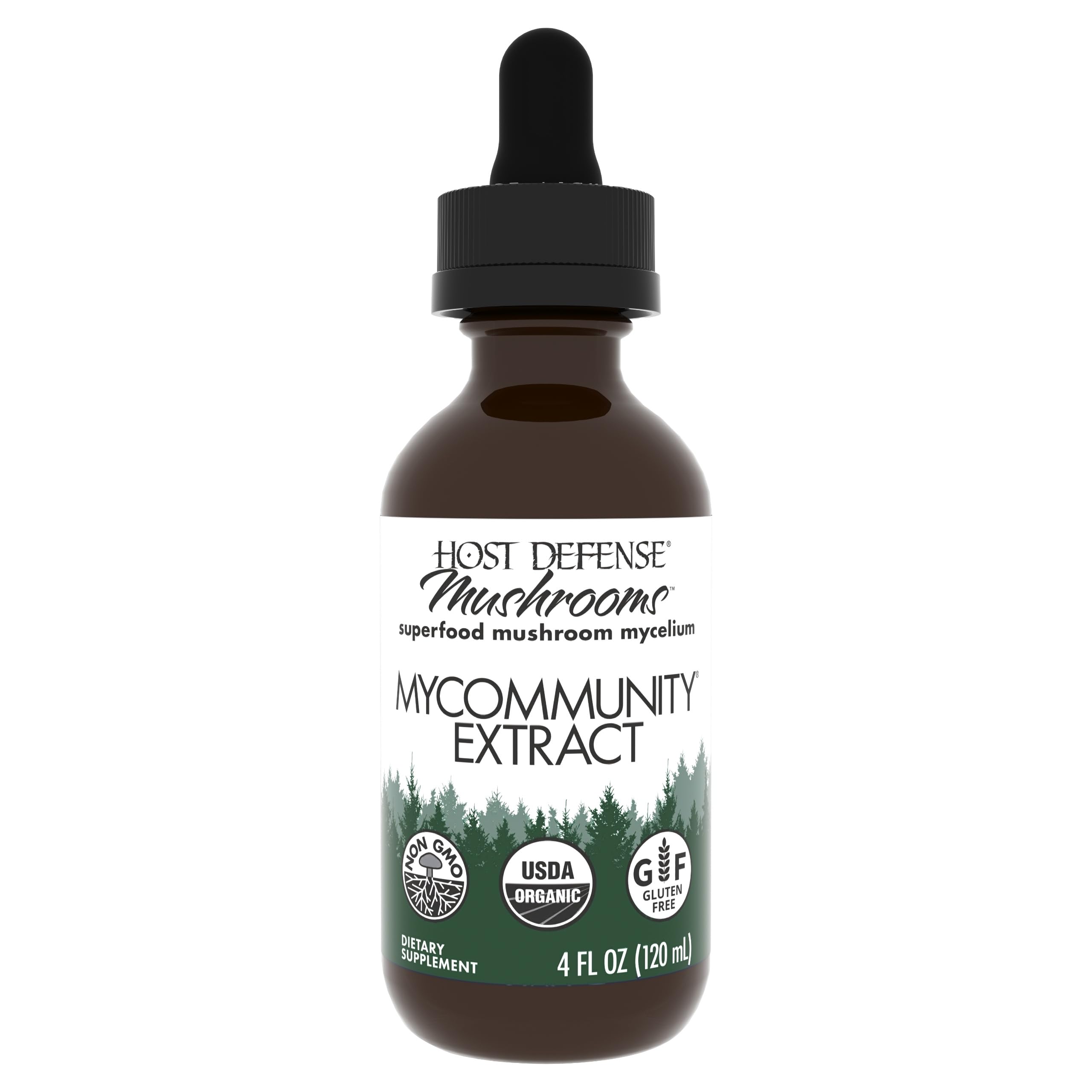 Host Defense MyCommunity Extract bottle label close-up for daily immune support.