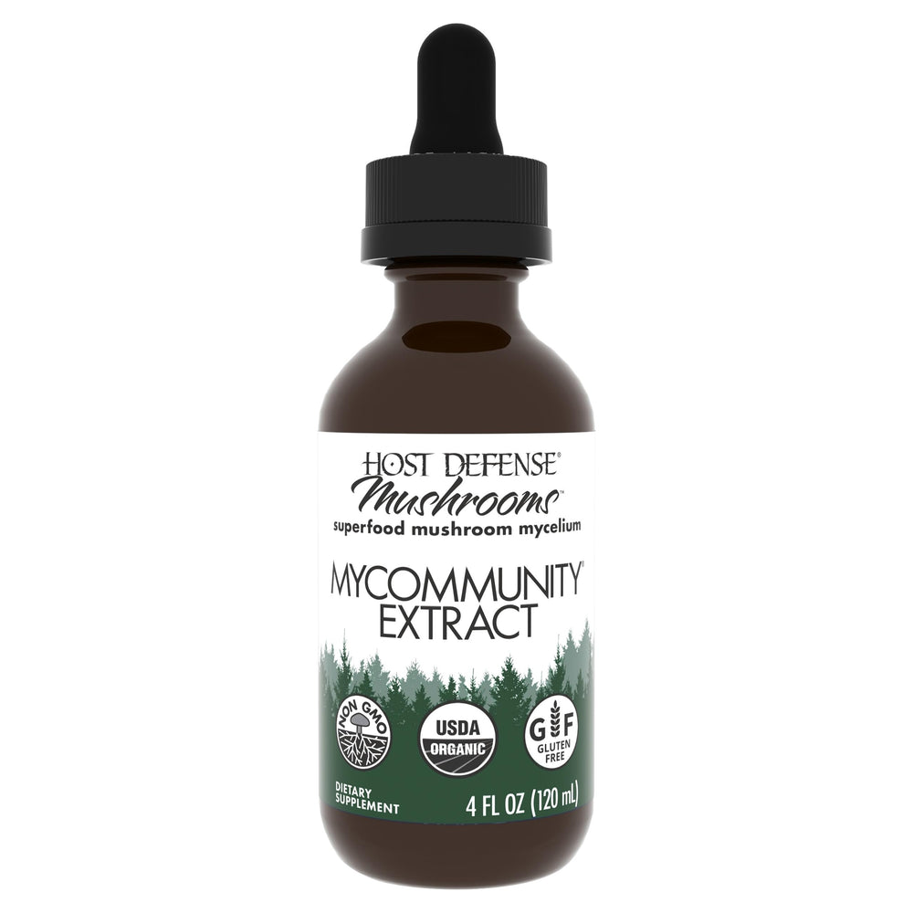 Host Defense MyCommunity Extract bottle label close-up for daily immune support.