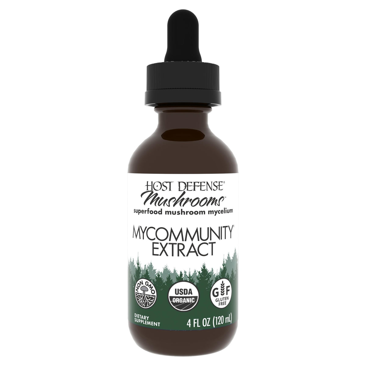 Host Defense MyCommunity Extract bottle label close-up for daily immune support.