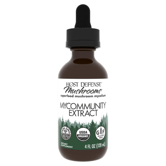 Host Defense MyCommunity Extract bottle label close-up for daily immune support.
