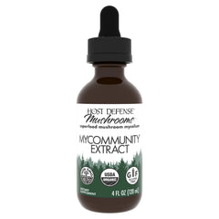 Host Defense MyCommunity Extract bottle label close-up for daily immune support.