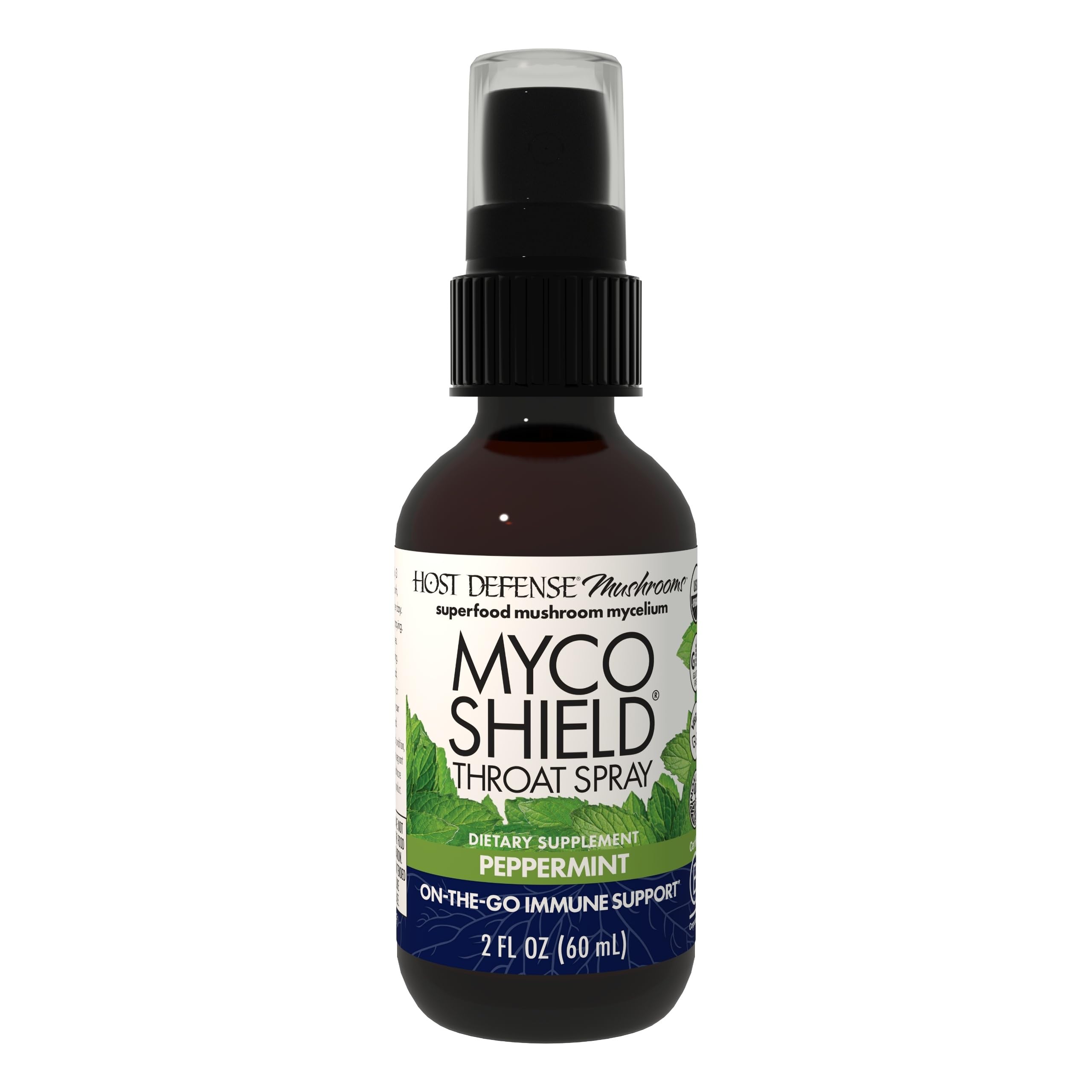 Host Defense MycoShield Throat Spray bottle ready for on-the-go immune support.