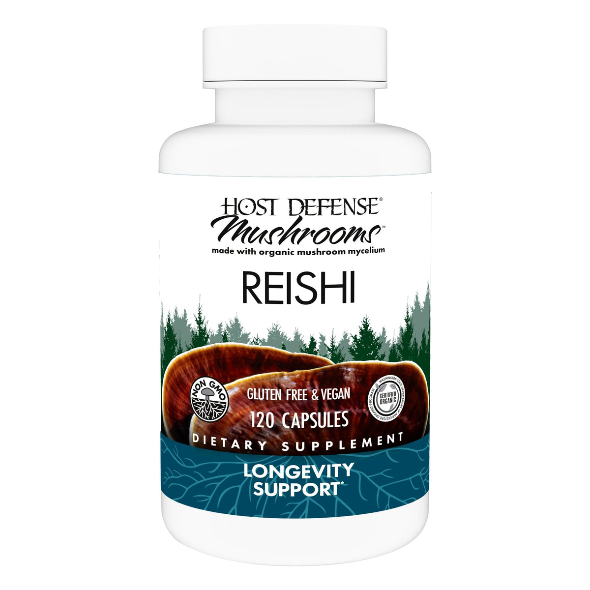 Host Defense Reishi capsules bottle front showing immune support and daily energy benefits