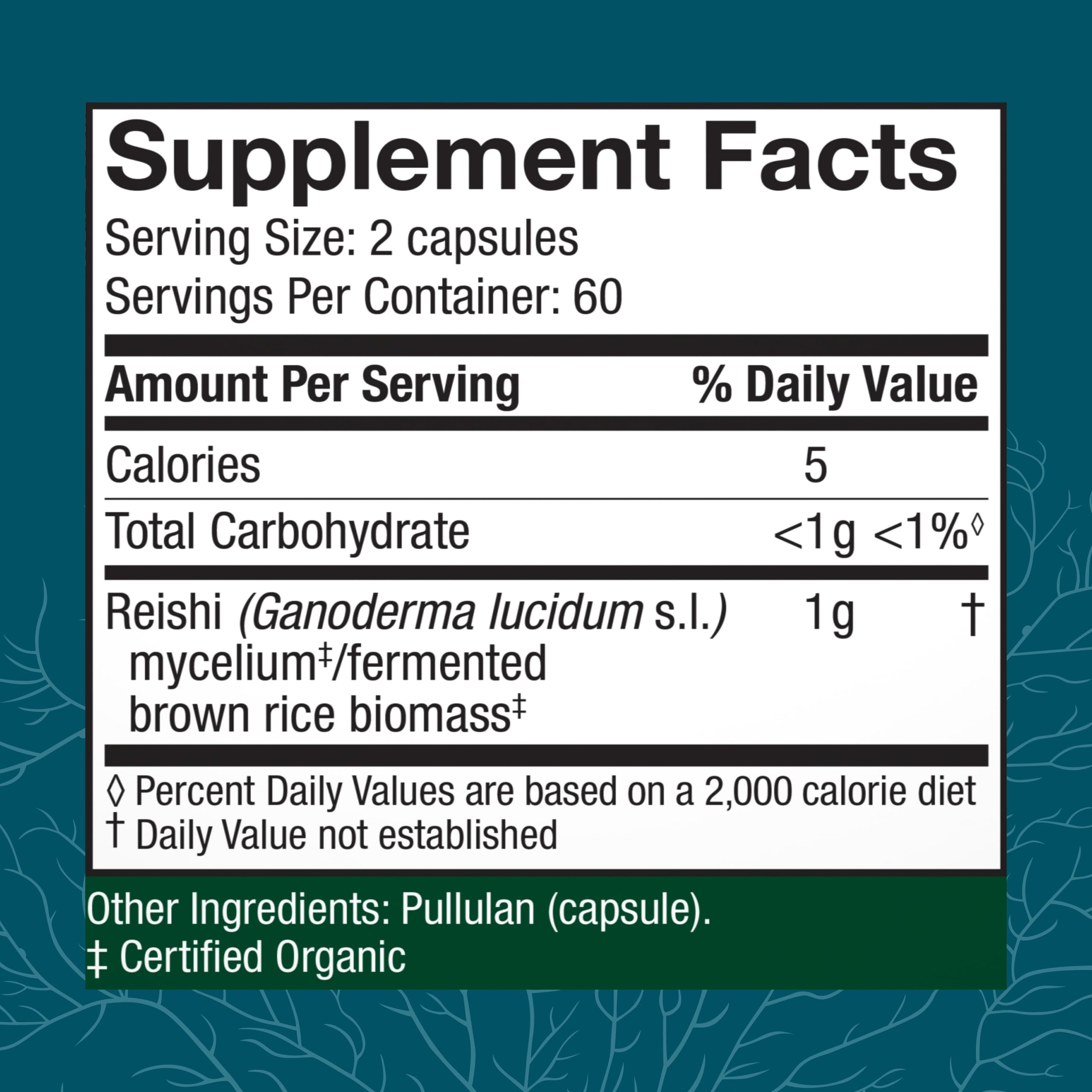 Host Defense Reishi capsules bottle side highlighting organic, non-GMO formula