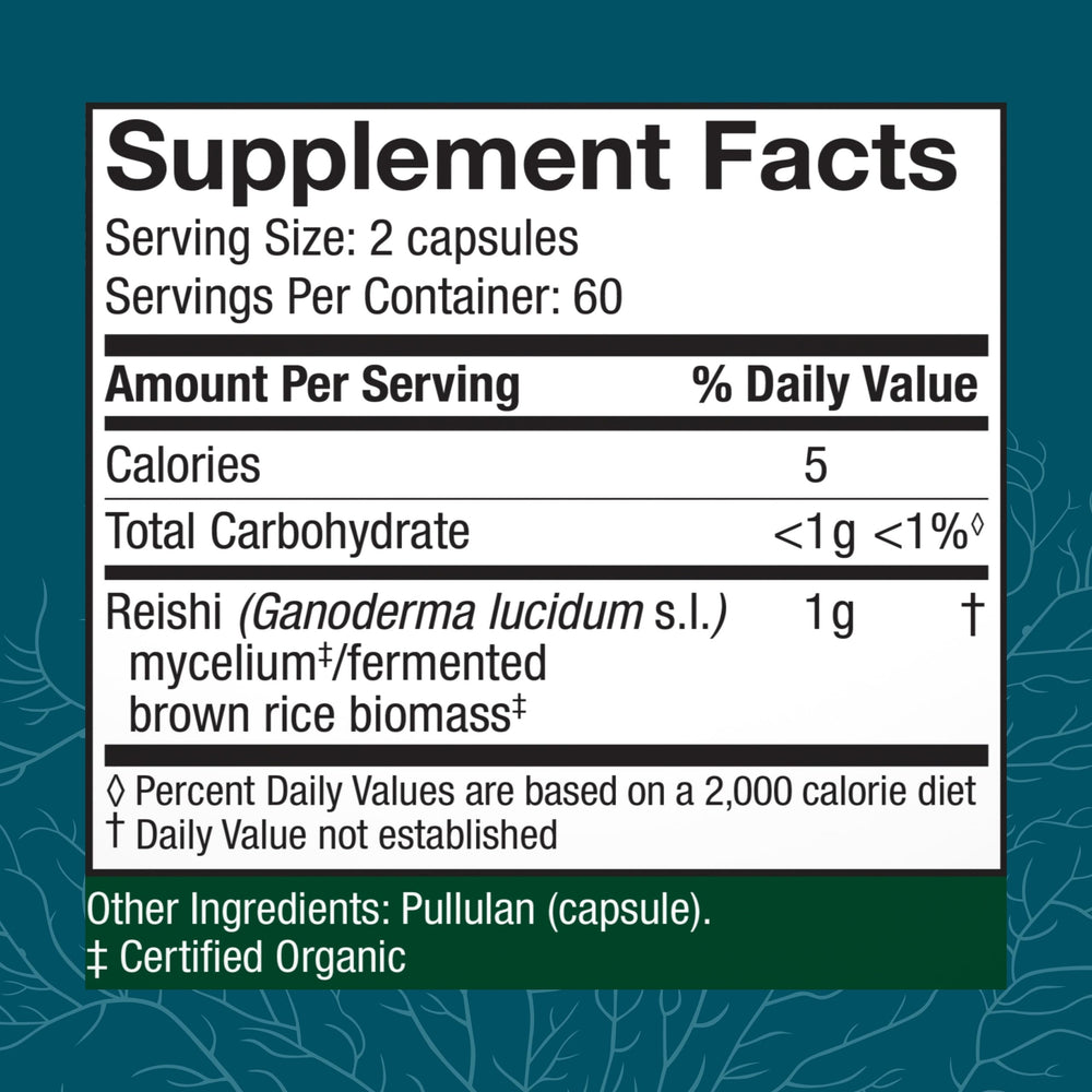 Host Defense Reishi capsules bottle side highlighting organic, non-GMO formula