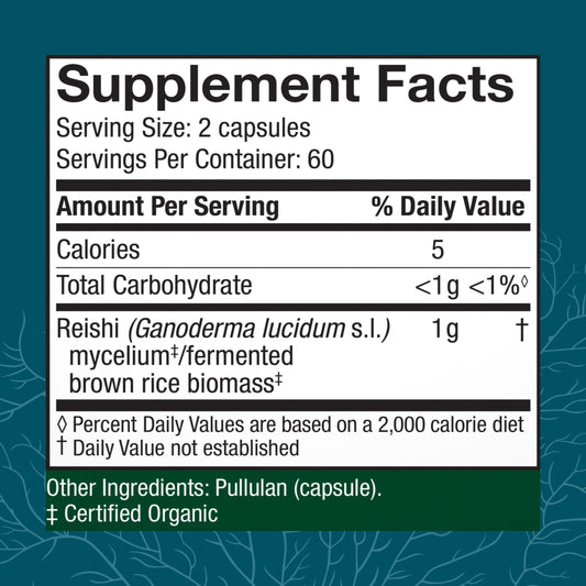 Host Defense Reishi capsules bottle side highlighting organic, non-GMO formula