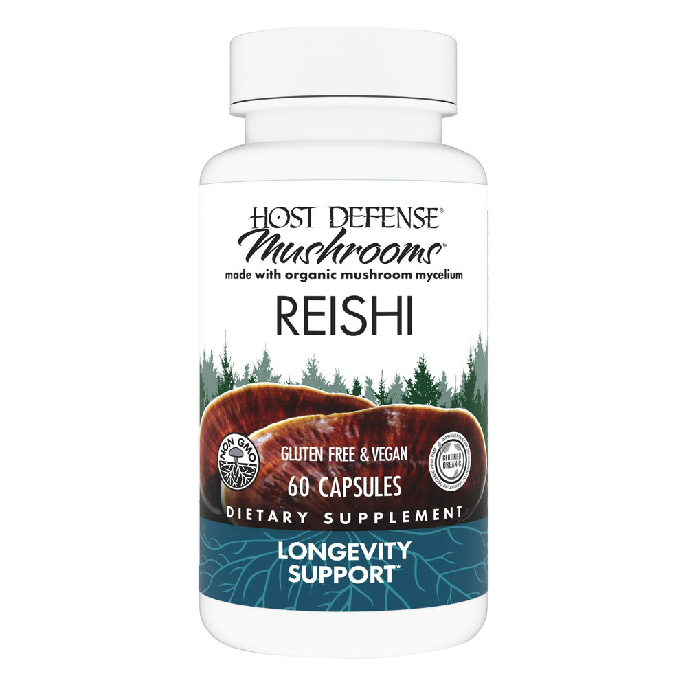 Host Defense Reishi Capsules bottle shows daily immune and energy support