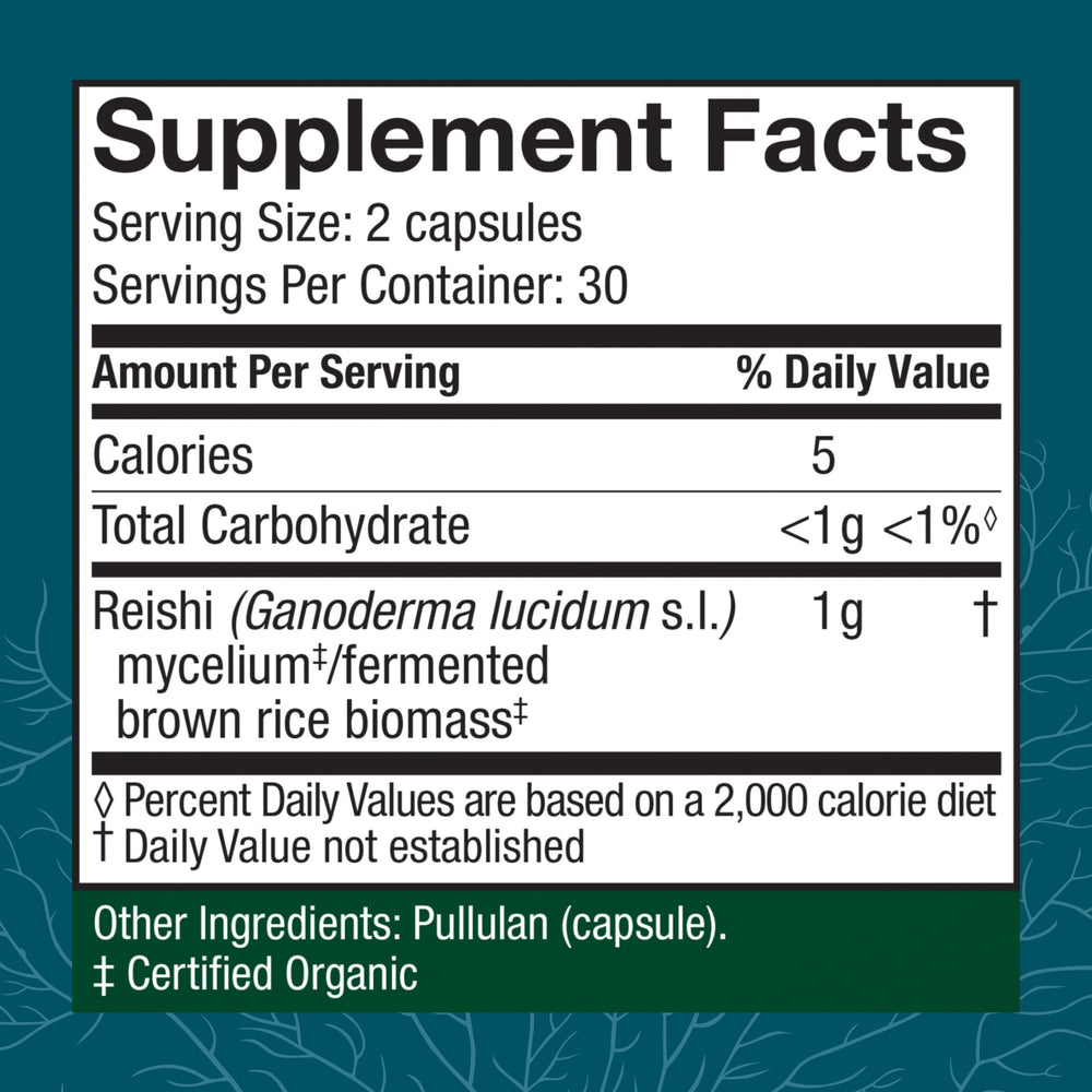 Host Defense Reishi capsules label details ingredients supporting heart health and vitality