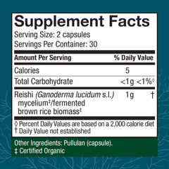 Host Defense Reishi capsules label details ingredients supporting heart health and vitality