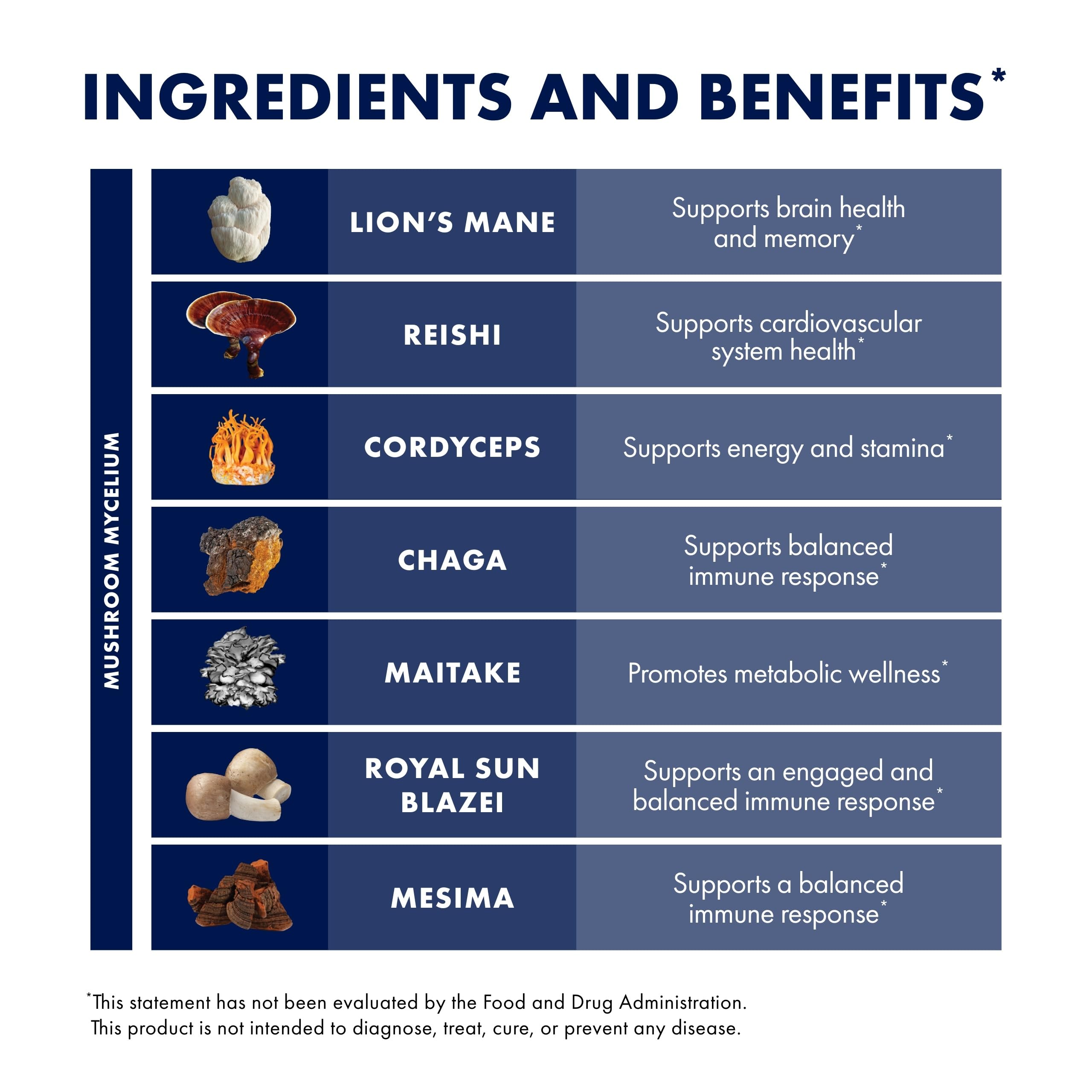 Host Defense Stamets 7 seven-species blend graphic for immune-supporting variety