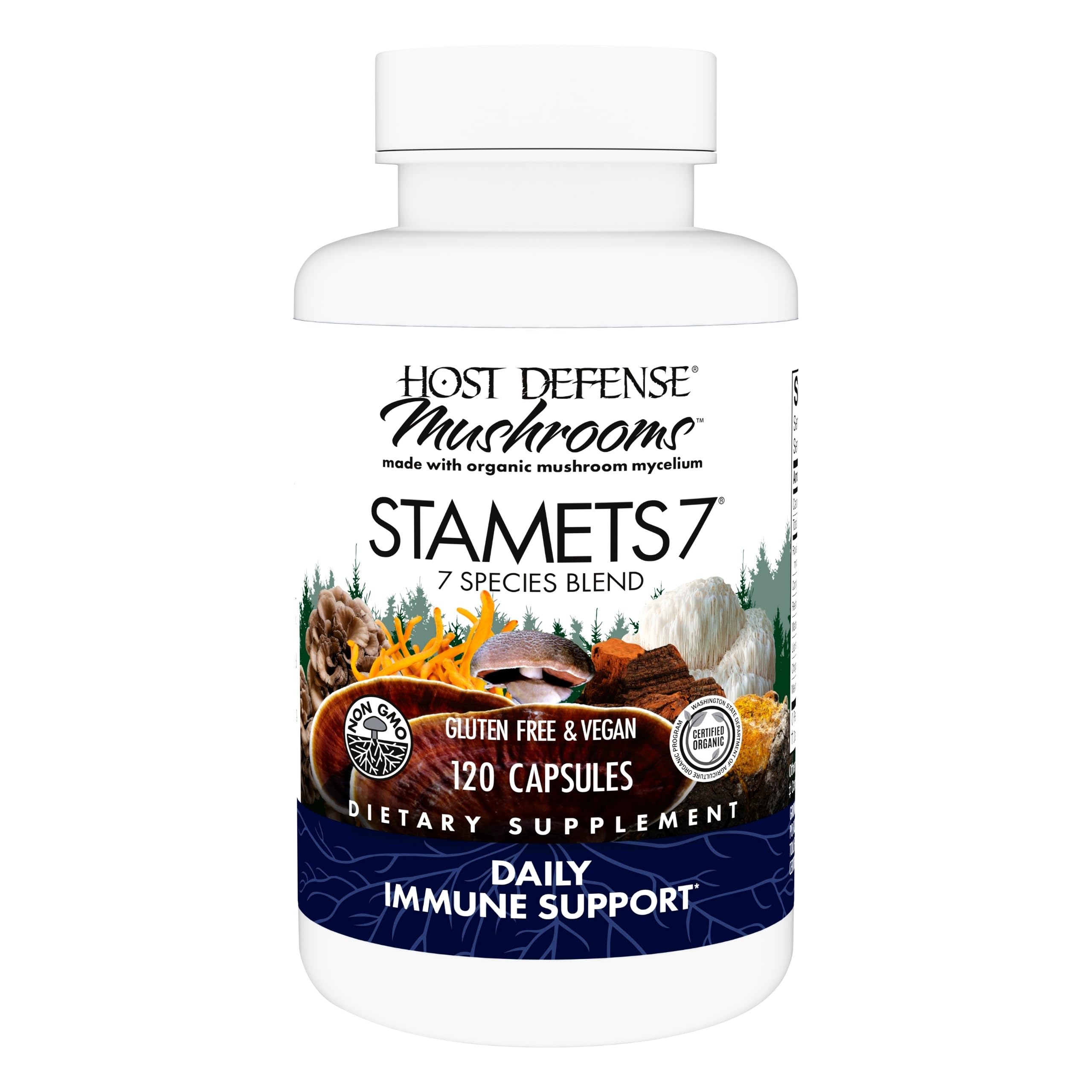 Host Defense Stamets 7-7 capsules bottle for daily immune support.