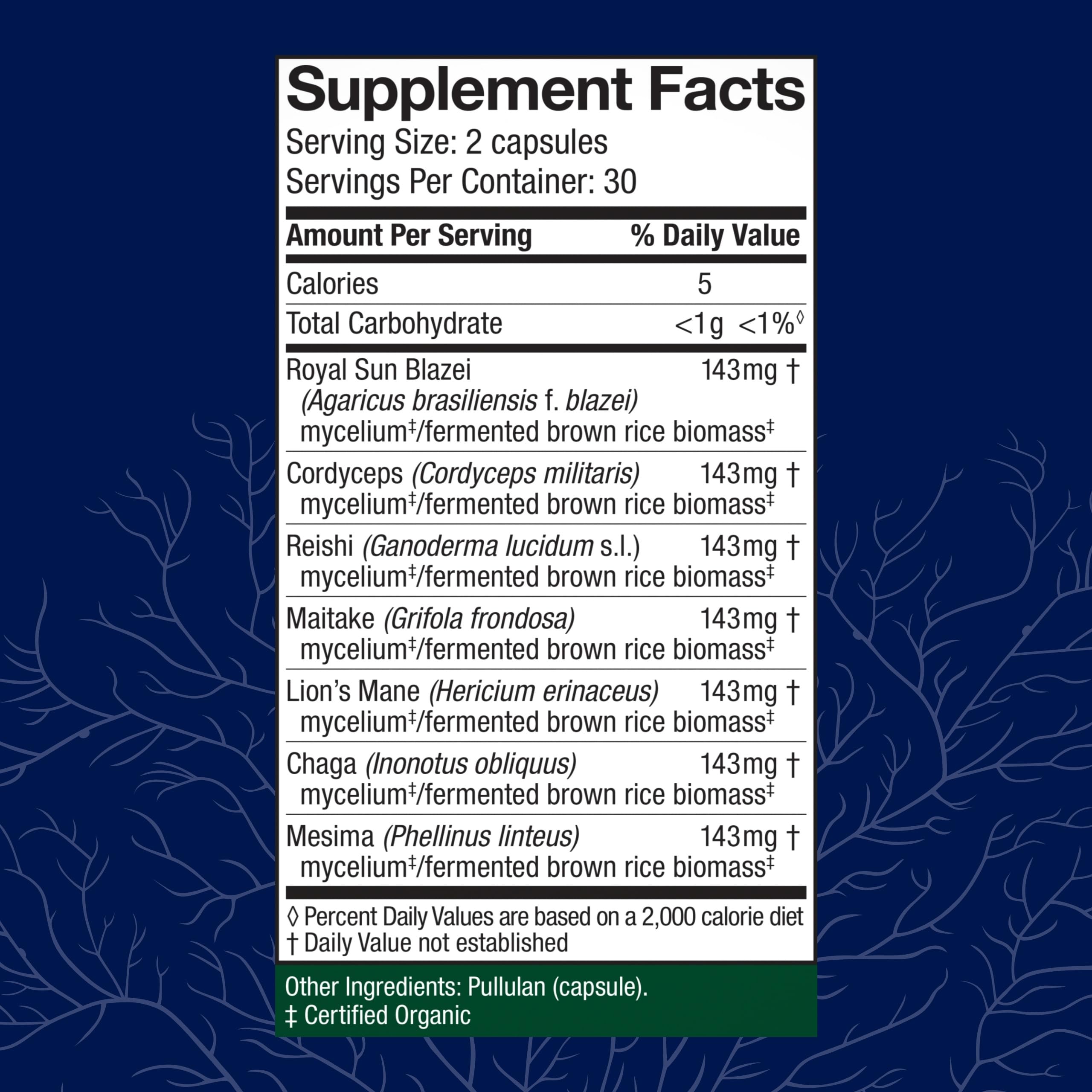 Host Defense Stamets7 bottle label showcasing seven-mushroom blend.