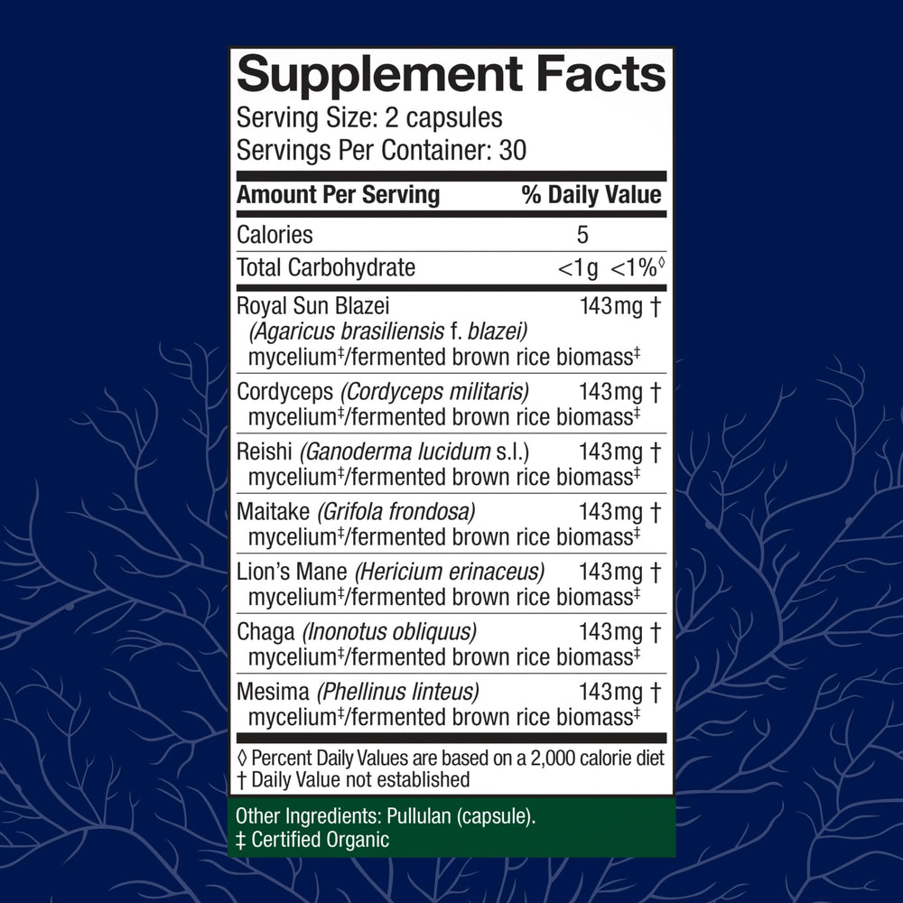 Host Defense Stamets7 bottle label showcasing seven-mushroom blend.