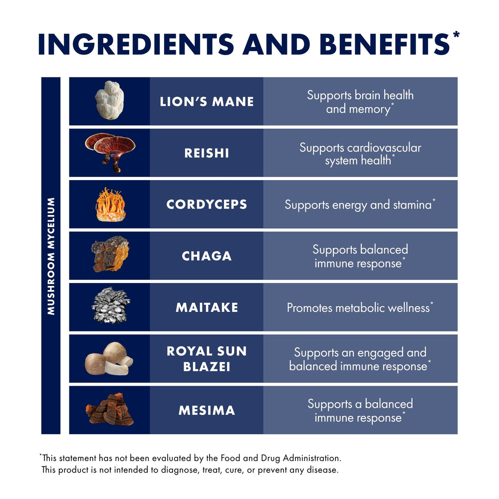 Host Defense Stamets7 lion's mane and chaga visuals for focus and immune support.