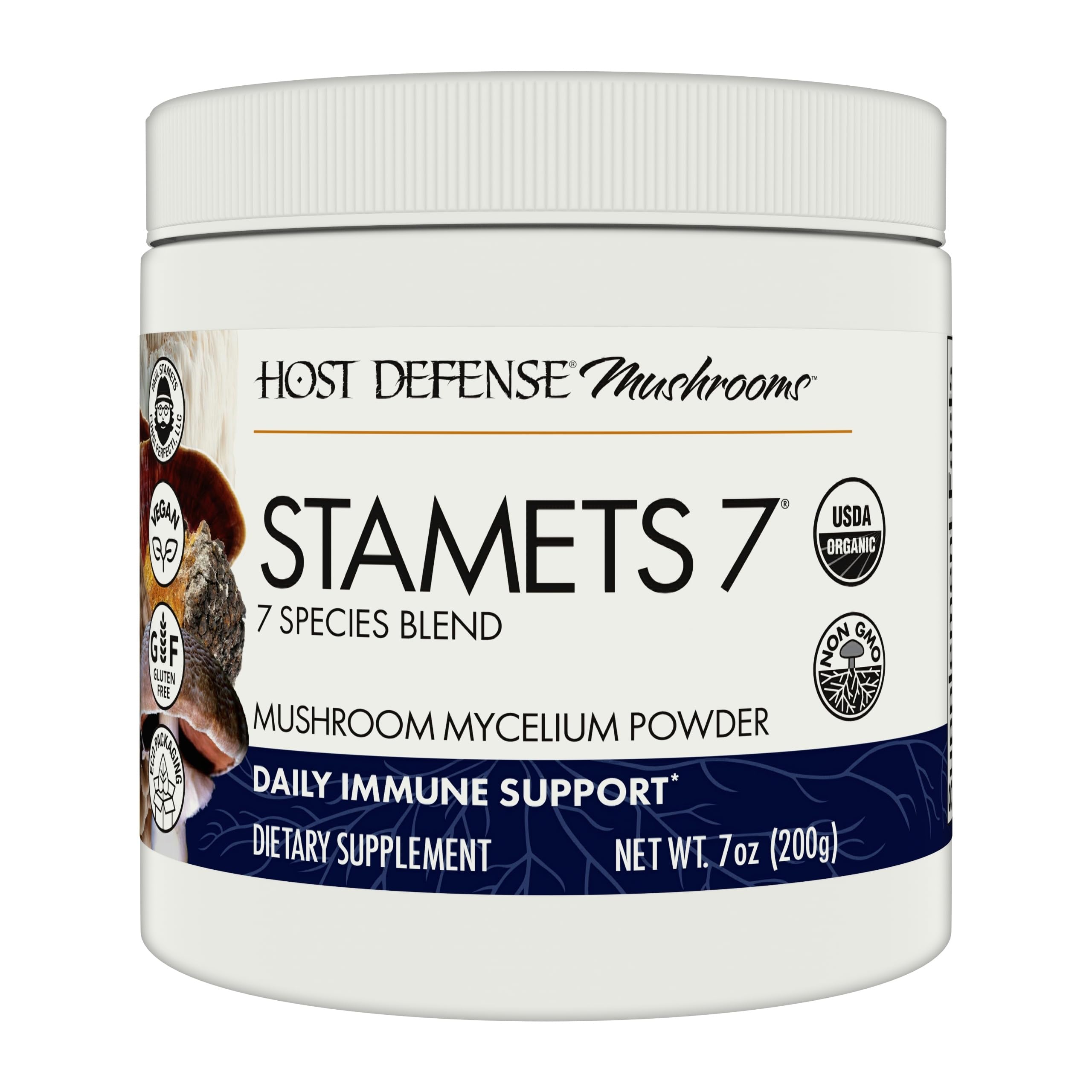 Host Defense Stamets 7 mushroom powder bottle ready for daily immune support use