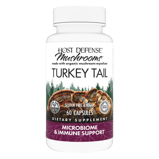 Host Defense Turkey Tail capsules bottle front promotes digestive health.