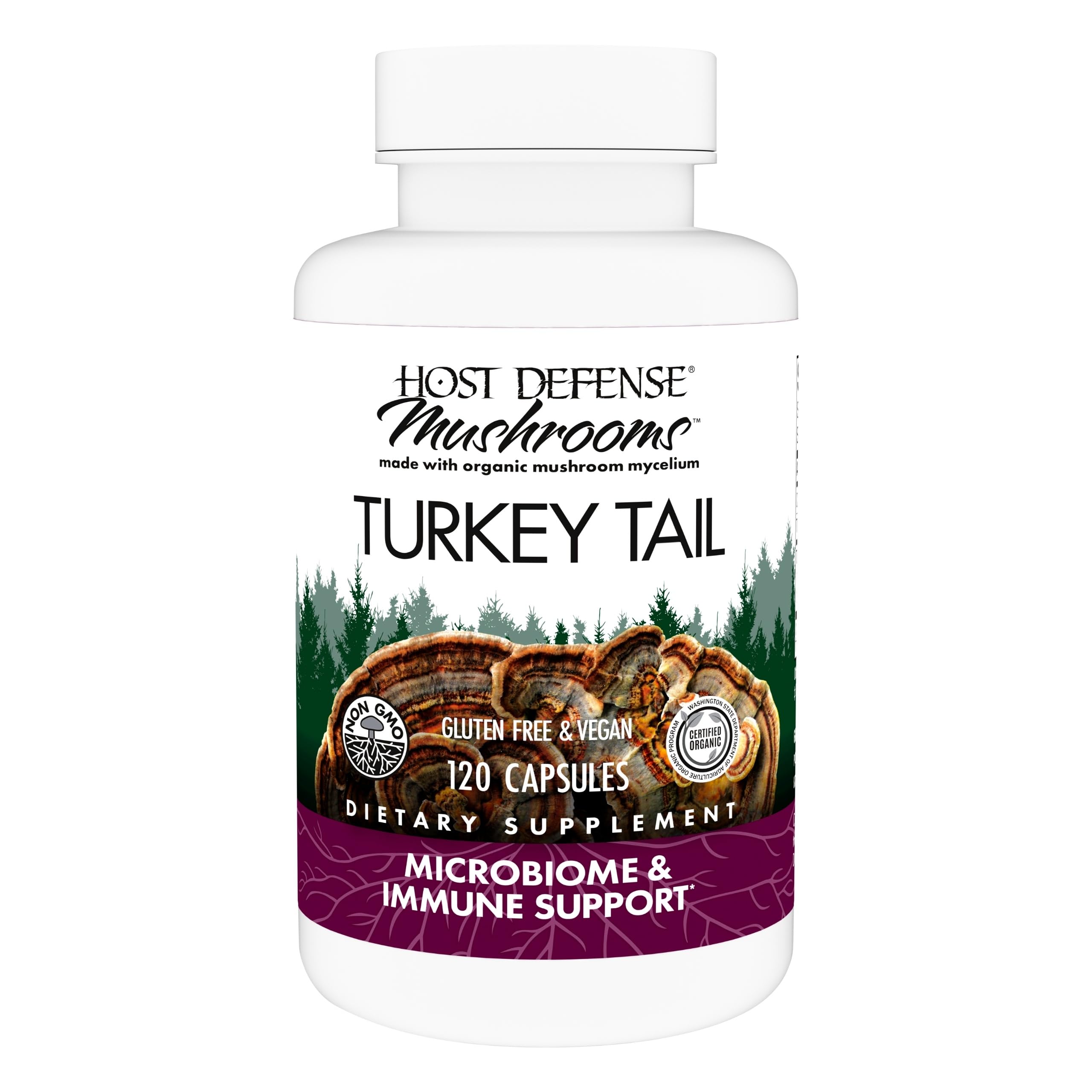 Host Defense Turkey Tail capsules bottle shown ready for daily digestive and immune support.