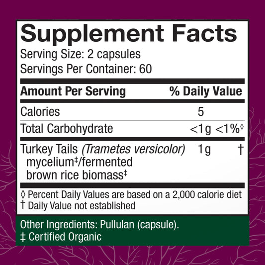 Host Defense Turkey Tail capsules packaging highlights organic mushrooms and prebiotics.
