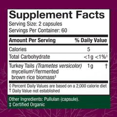 Host Defense Turkey Tail capsules packaging highlights organic mushrooms and prebiotics.