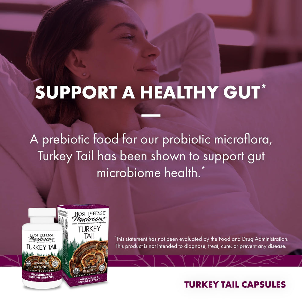 Host Defense Turkey Tail digestive health capsules displayed for gut-friendly routine.