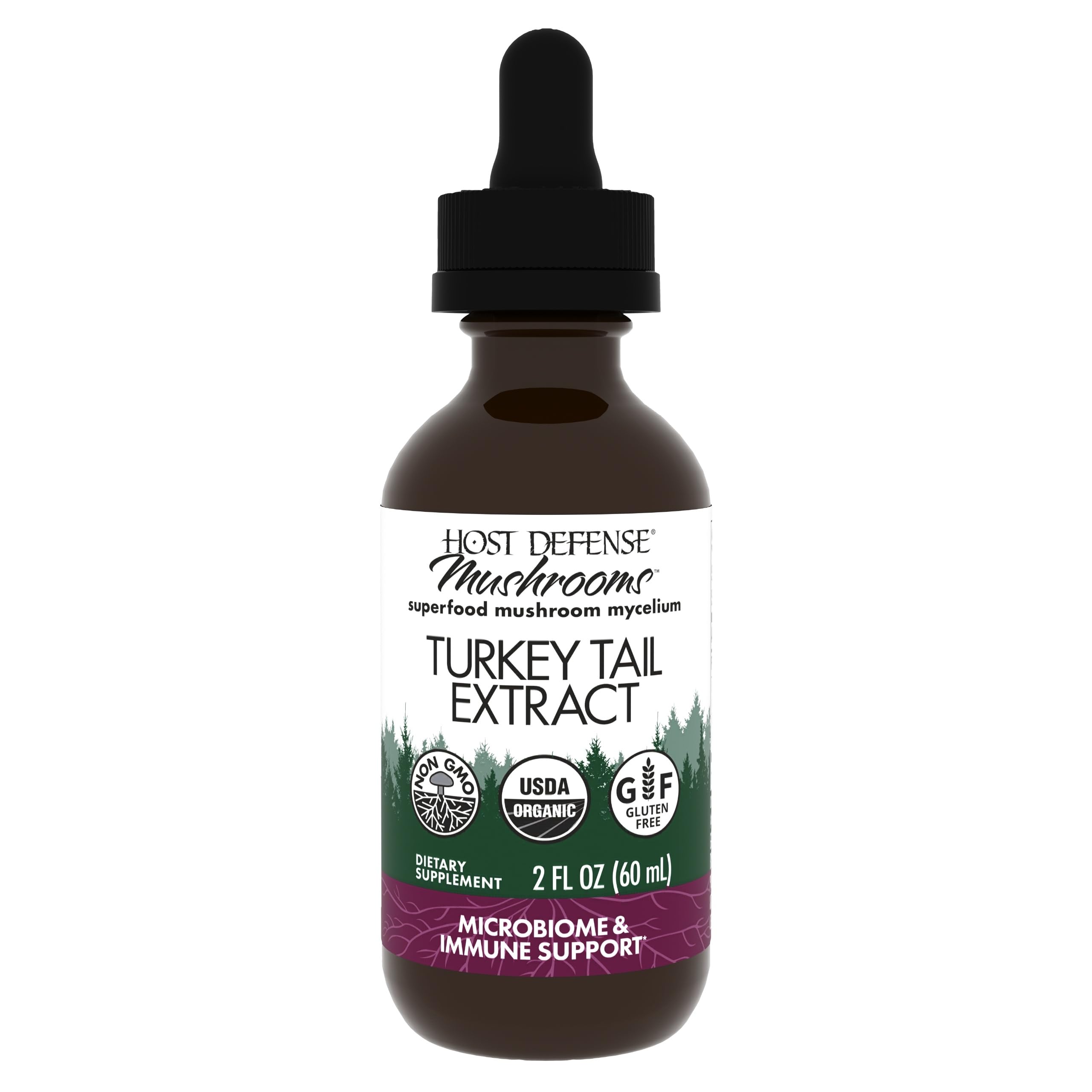 Host Defense Turkey Tail Extract bottle shown for daily digestive and immune support.