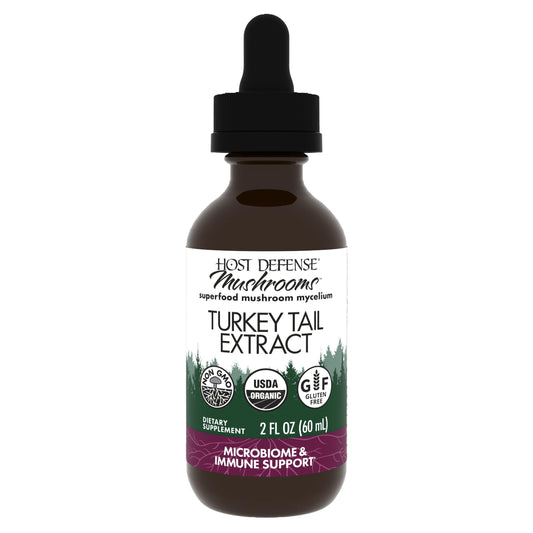 Host Defense Turkey Tail Extract bottle shown for daily digestive and immune support.