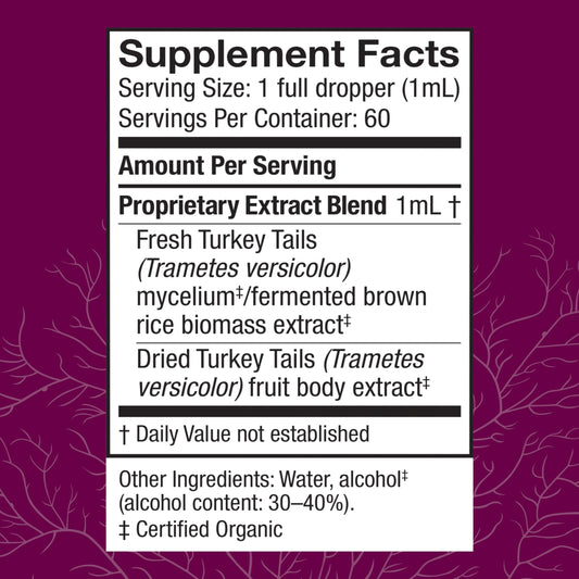 Host Defense Turkey Tail Extract dropper dispensing a measured dose for gut balance.