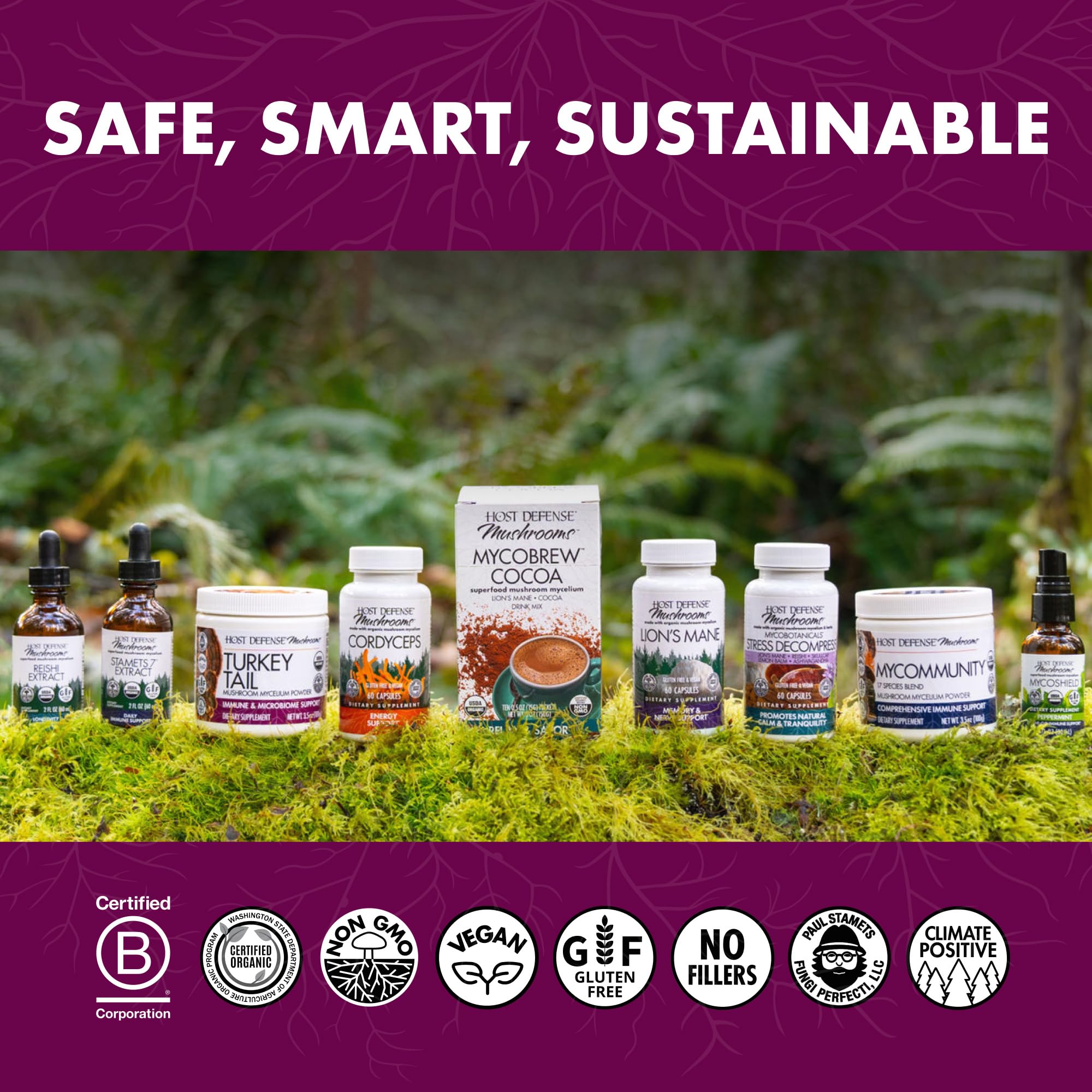 Gluten-free certification accompanies the Host Defense Turkey Tail bottle for dietary safety.
