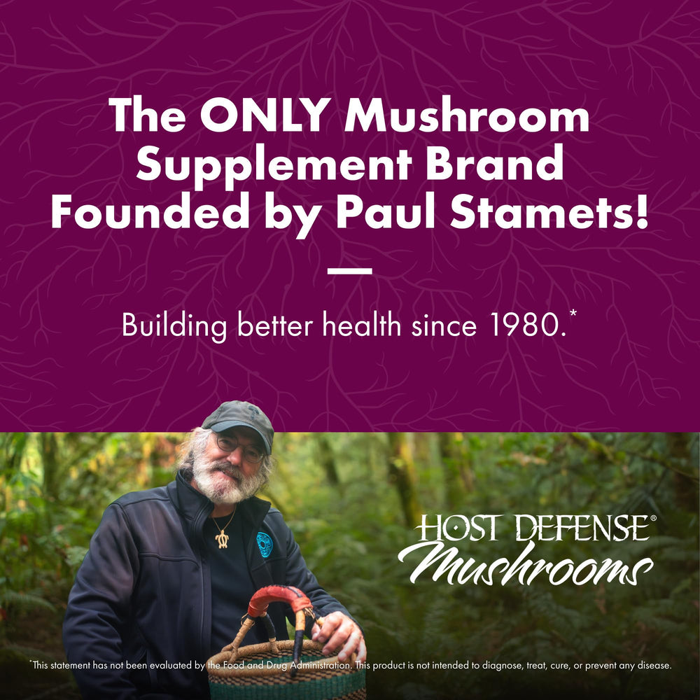 Close-up of Host Defense label emphasizing organic non-GMO Turkey Tail extract for gut health.