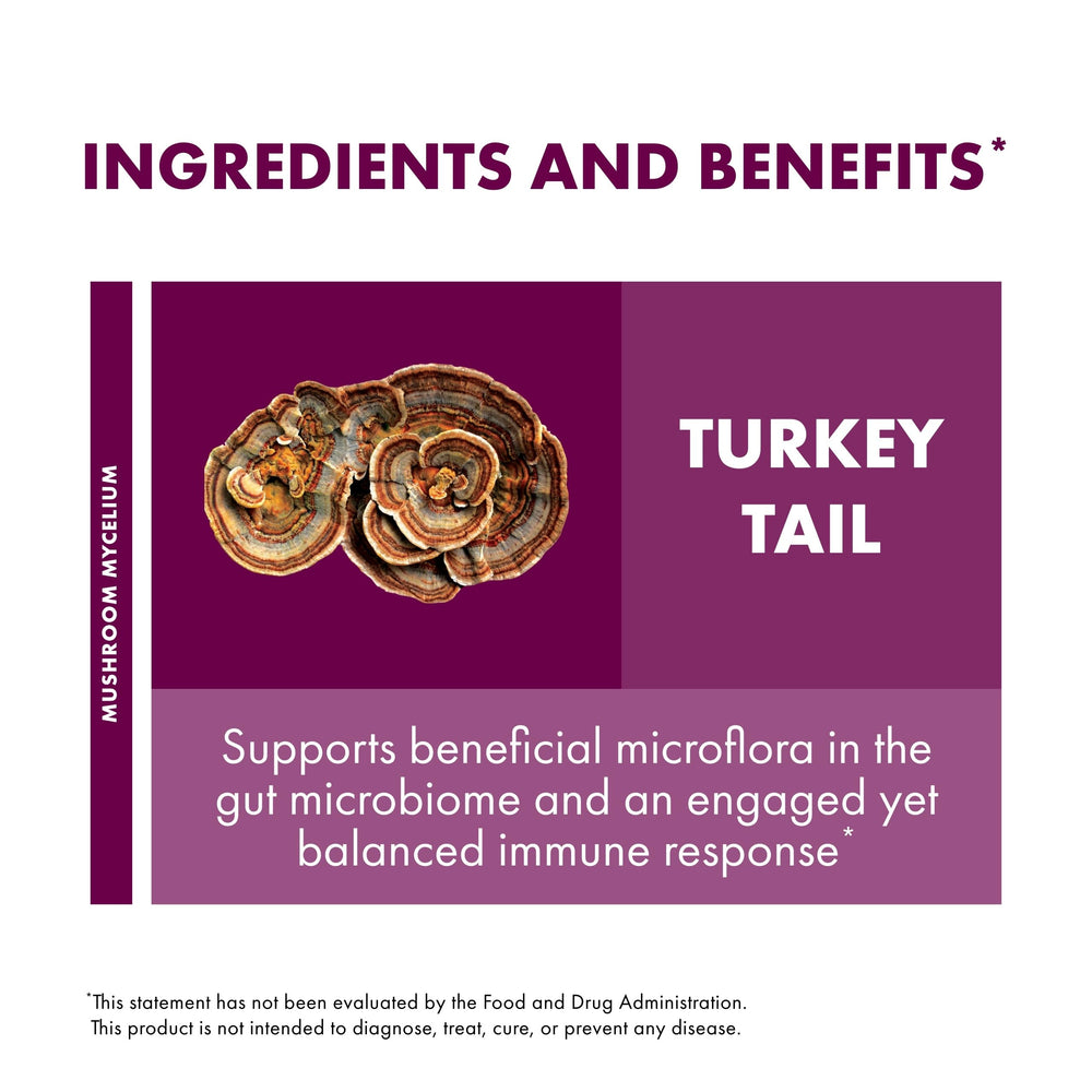 Host Defense Turkey Tail Extract bottle shown as a USA-grown product for daily wellness.
