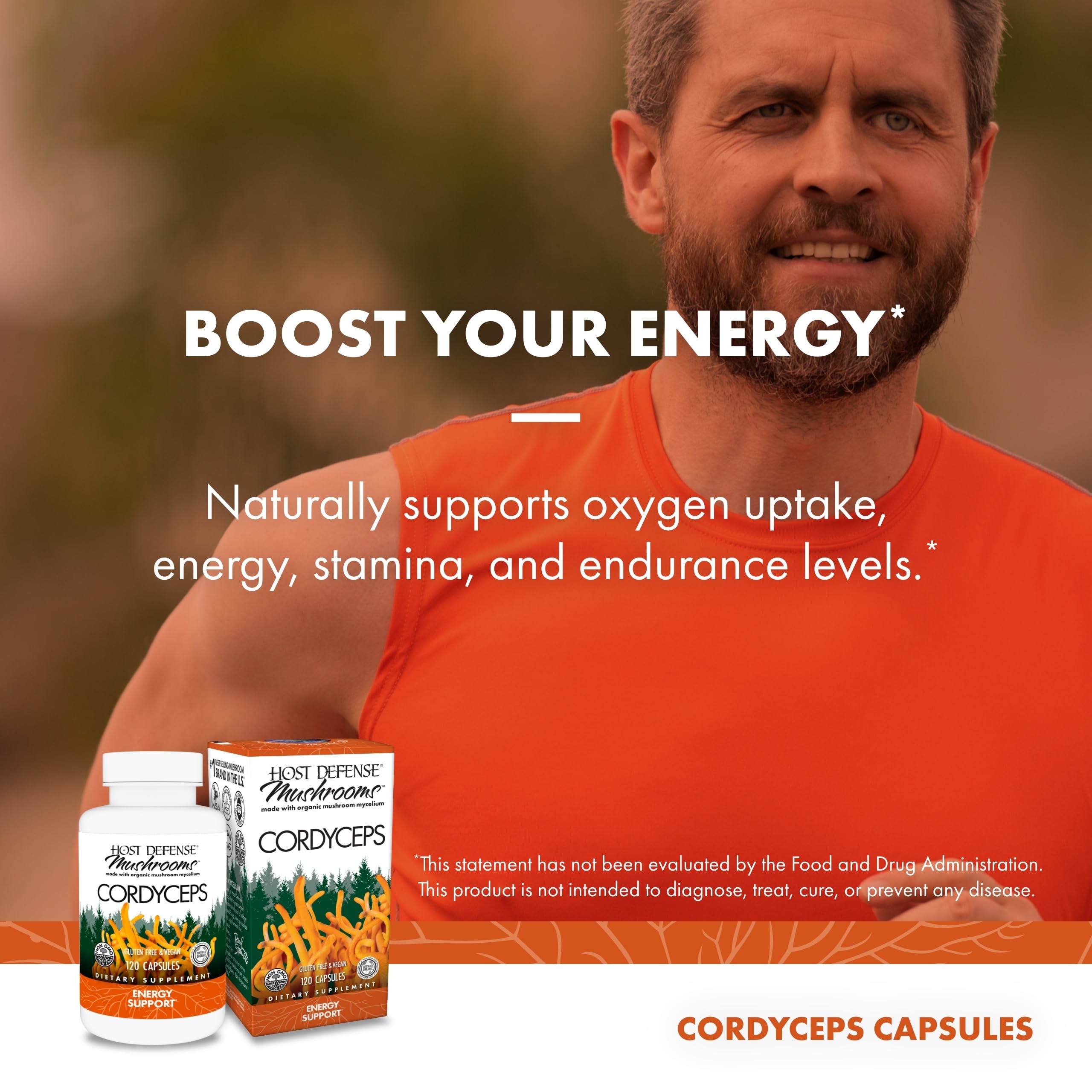 Host Defense USA-grown Cordyceps graphic emphasizing quality