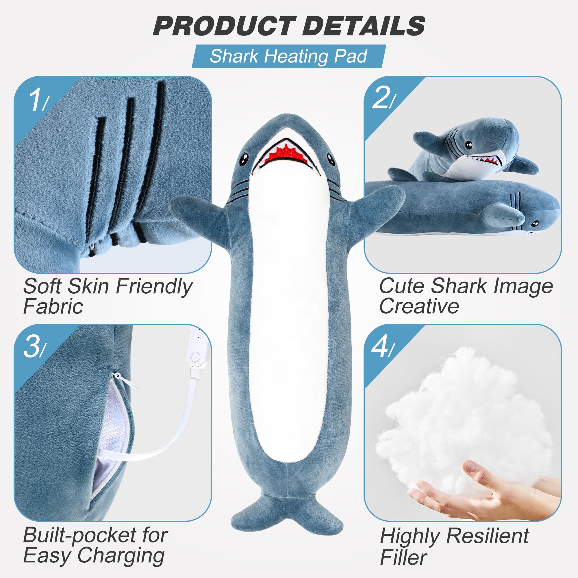 Three heat levels on the HOTHUGZ shark heating pad enable customizable warmth