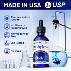 Hourten Methylene Blue Drops USP Grade label close-up for purity.