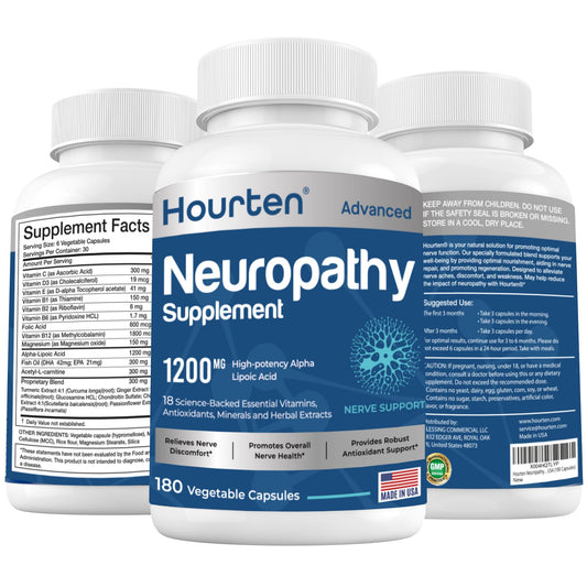 Hourten Neuropathy 18-in-1 bottle label highlights high-potency nerve support for daily comfort