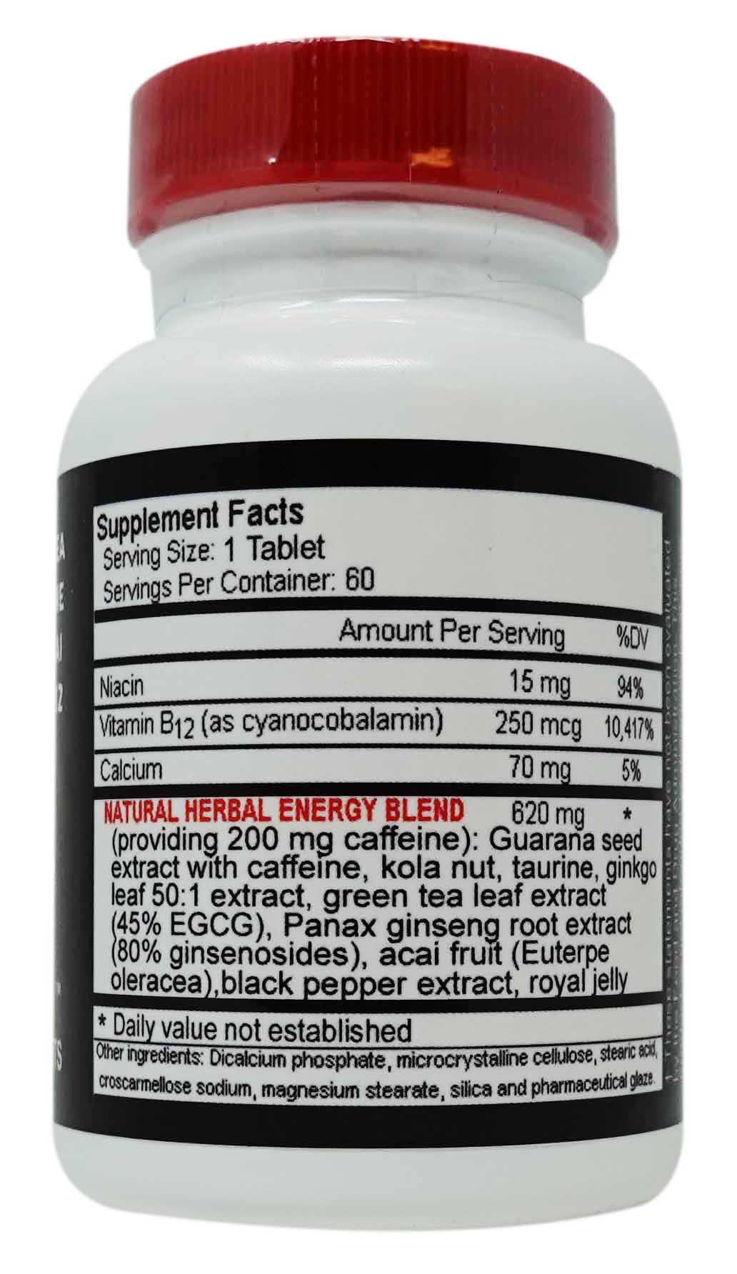House of David Gas Energy Blaster tablets bottle label highlights natural ingredients and caffeine origin