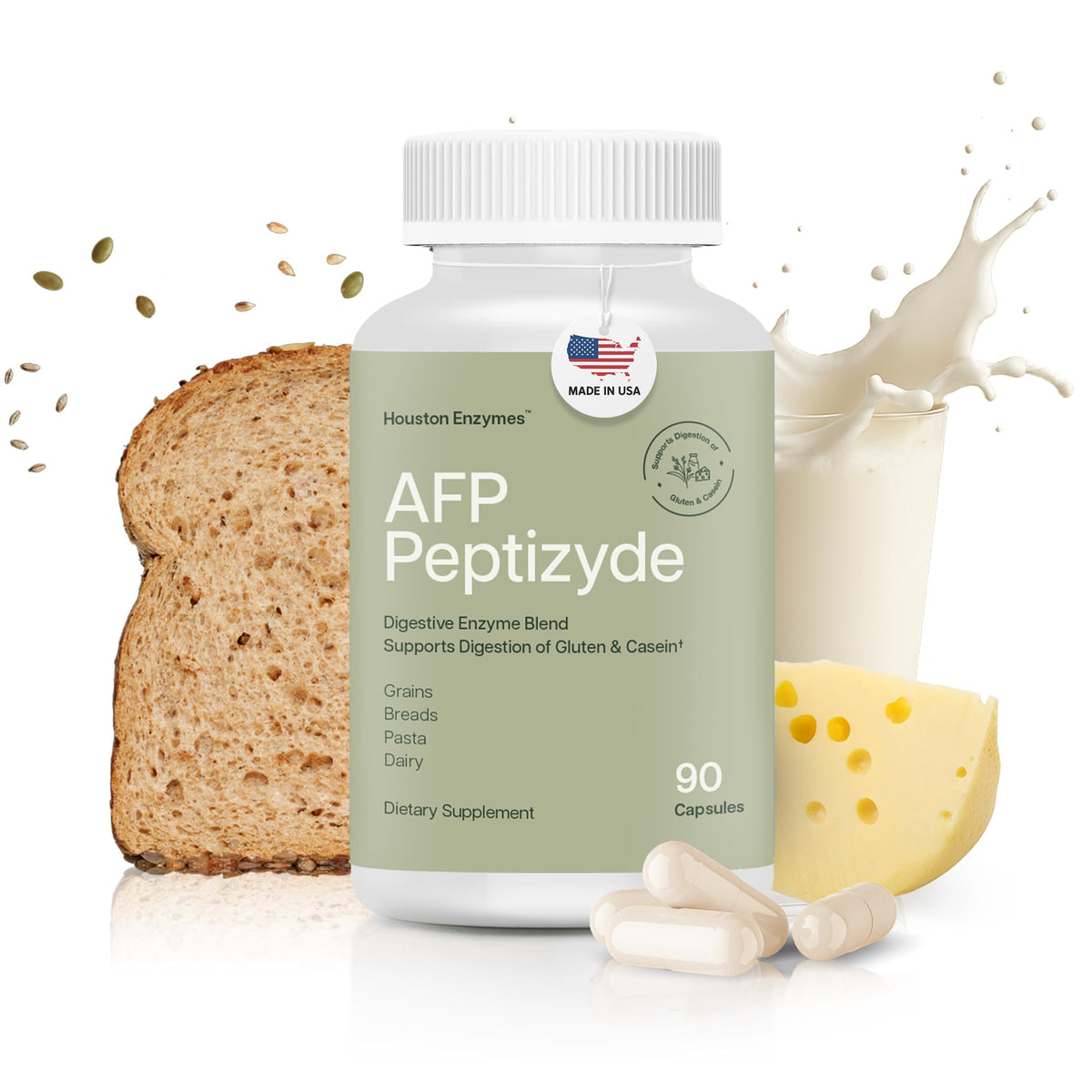 Houston Enzymes AFP Peptizyde bottle for protein digestion during meals.