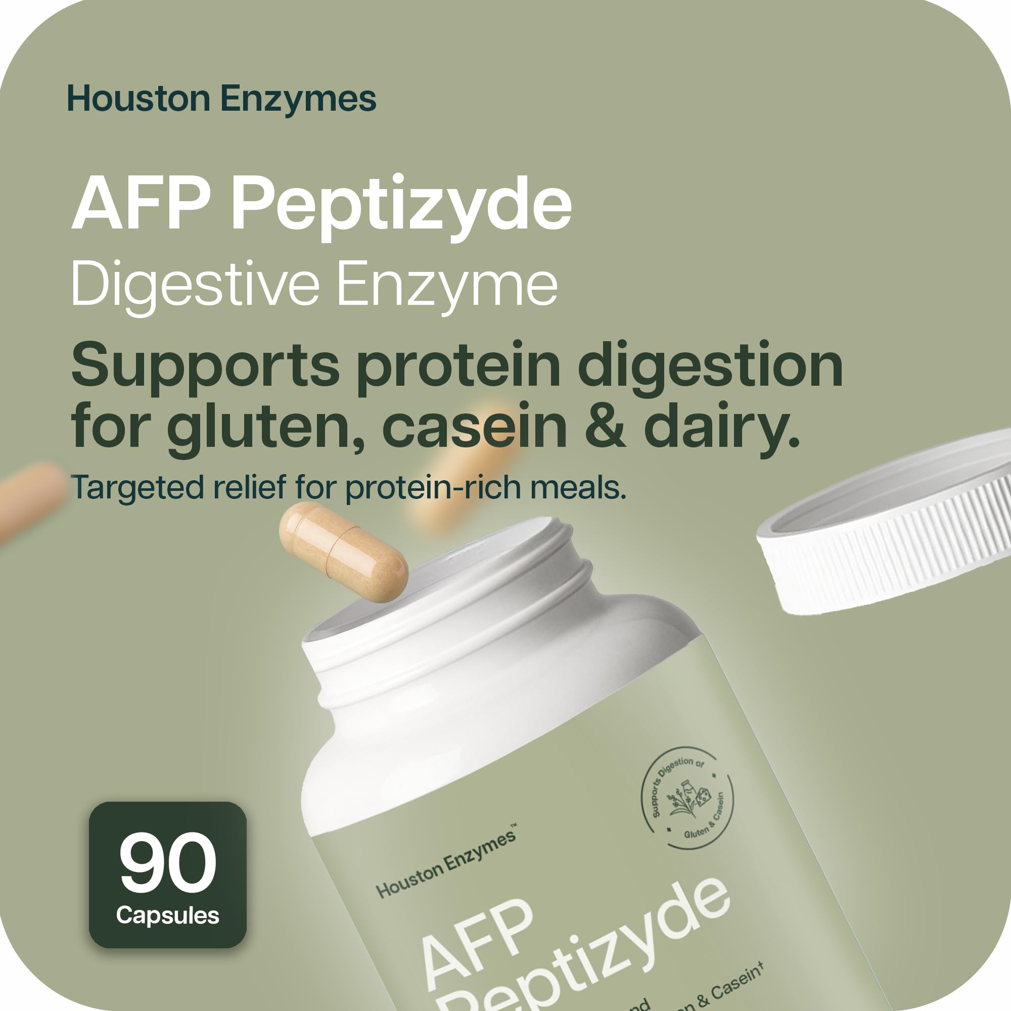 AFP Peptizyde capsules support protein digestion for dairy and gluten.