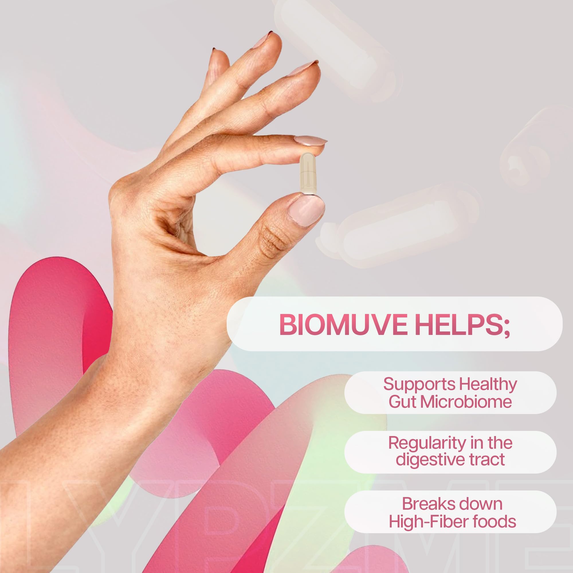 Houston Enzymes Biomuve bottle with label and capsules visible for daily use.
