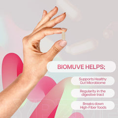 Houston Enzymes Biomuve bottle with label and capsules visible for daily use.