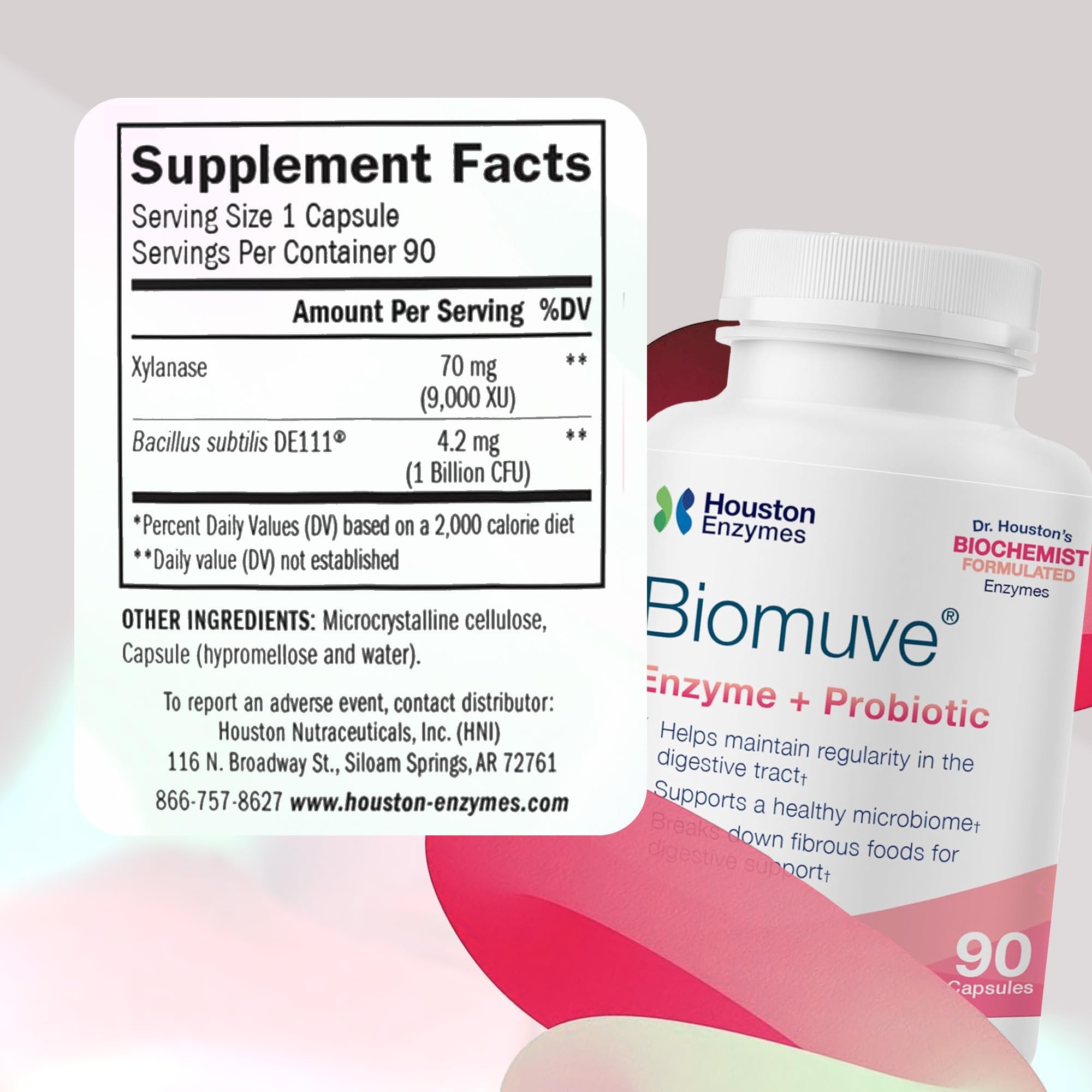 Houston Enzymes Biomuve bottle label close-up highlighting capsule design.