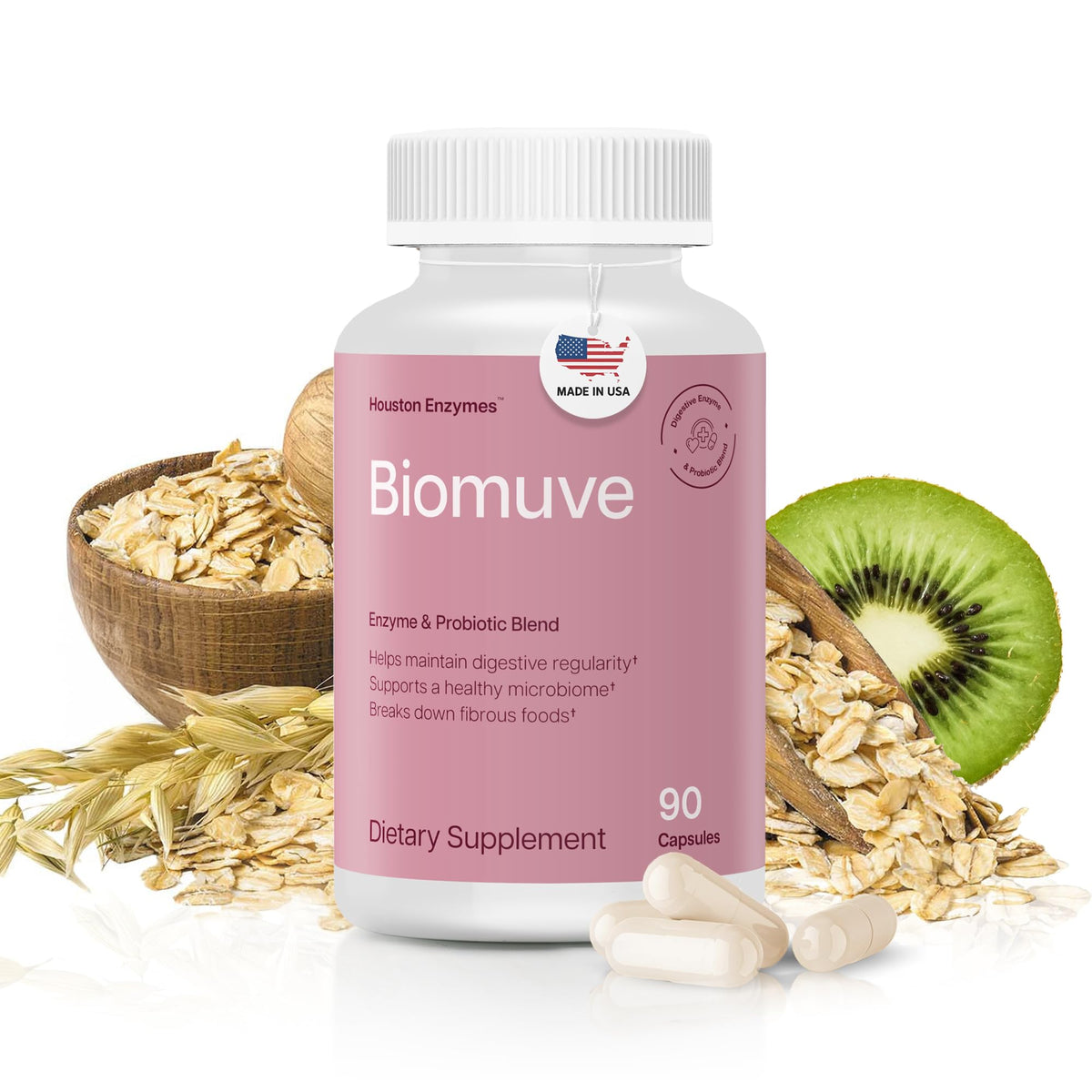 Houston Enzymes Biomuve capsules front view promoting regularity.