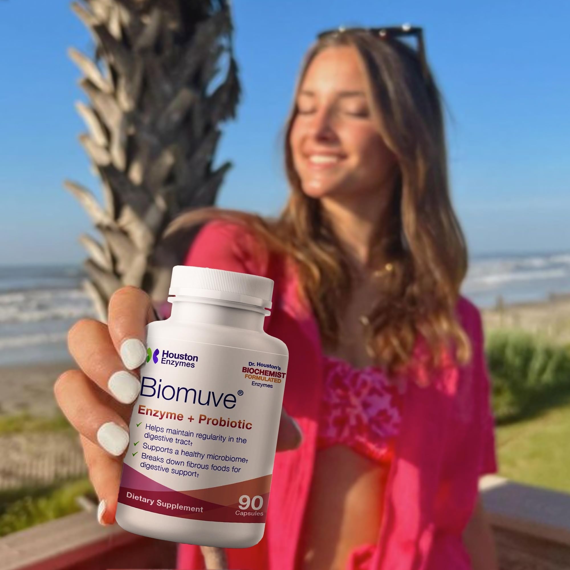 Houston Enzymes Biomuve delayed-release capsules protecting probiotics from stomach acid.