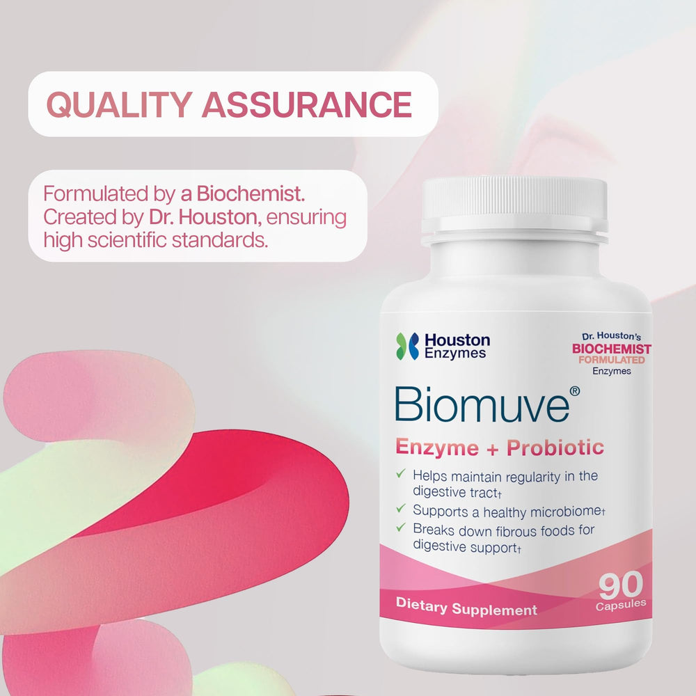Houston Enzymes Biomuve probiotic bacteria imagery suggesting gut microbiome support.